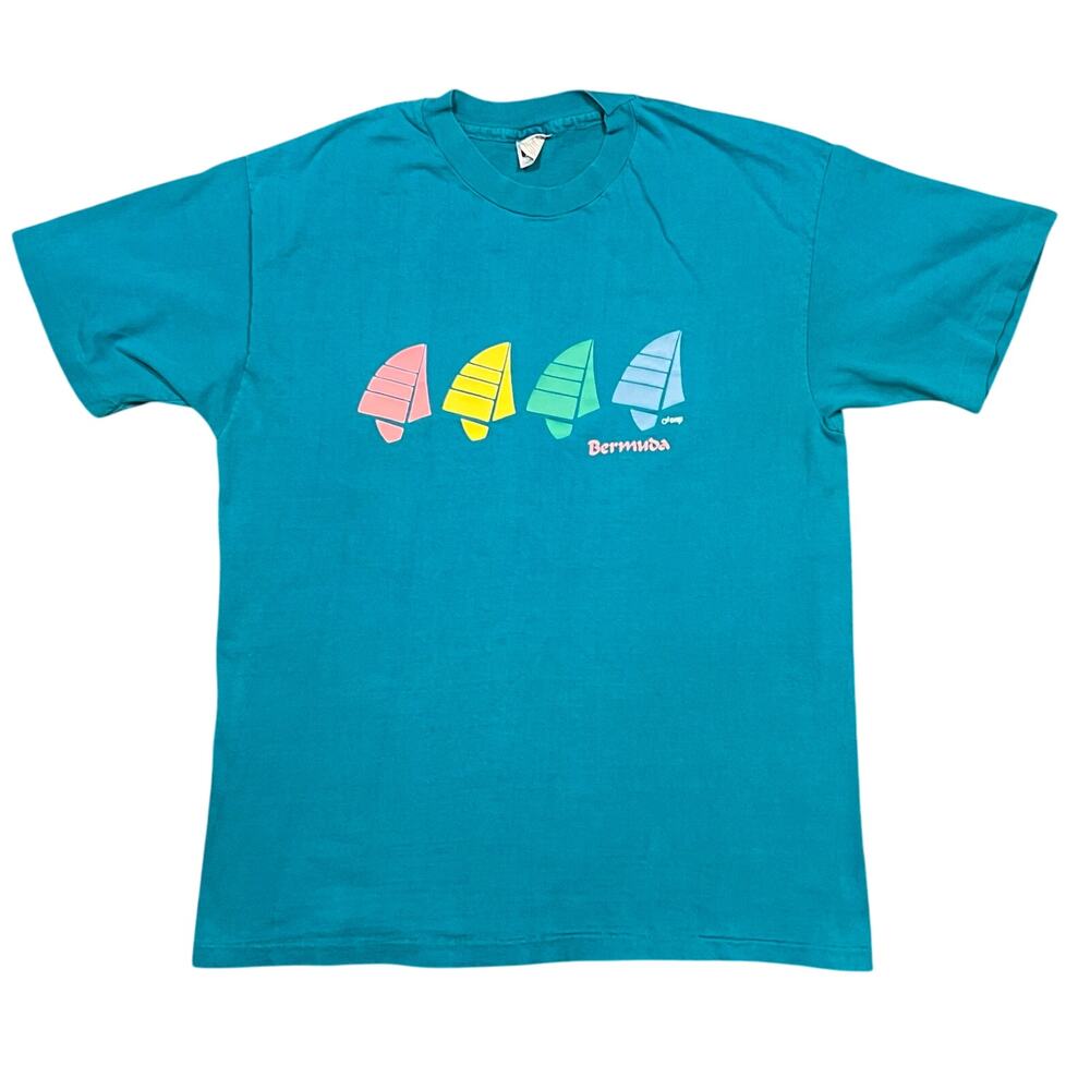 Bermuda 1985 Vintage Sailboat Multicolor Teal Single Stitch T-Shirt Mens Large